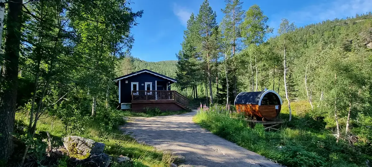 Hytte med tønnebadstue på Bortelid. Hund ok. Robåt.